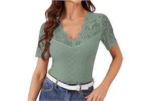 Women's Contrast Lace Tee Fashion 2025 Slim Fit V Neck Scallop Trim Eyelet Embroidery T Shirt Summer Tops