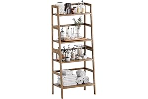 HITNET Ladder Shelf, 4-Tier Bamboo Bookshelf, Freestanding Open Display Storage Rack, Space Saving Flower Plant Display Stand for Bathroom Living Room, Walnut