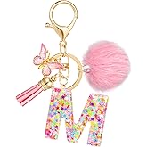 JSRQT Pink Initial Letter Keychain,Cute Snowflake Sequins Key Chains for Girls Women Gift Handbag Decor