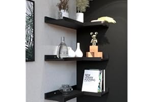 Boswillon 3 Tier Corner Floating Shelves with Protective Lip, Modern Black Corner Shelves Wall Mounted, Corner Ledge Shelves for Wall Decor, Black Shelves for Living Room, Bedroom, Bathroom - Black