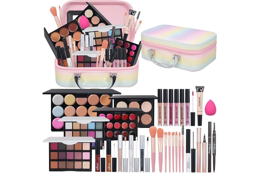 Pomcral All In On Makeup Kit Makeup Set For Teens, Women, Girl and Beginners Includes Eyeshadow Concealer Palette Lip Gloss Set Lipstick Eye Pencil Makeup Brushes