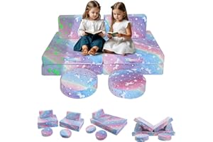 MeMoreCool Modular Glow Sofa for Kids, 8-Piece Convertible Foam Couch Play Set with Unicorn, Rainbow, and Star Pattern for Toddlers and Playroom
