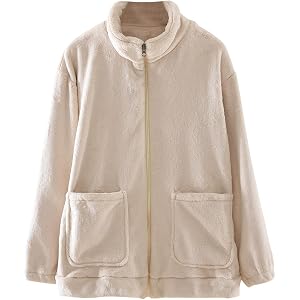 Fleece Jacket for Women Warm Zip Up Flannel Fleece Bed Jacket with Pockets | Flannel Fleece Bed Jacket for Women with Pockets