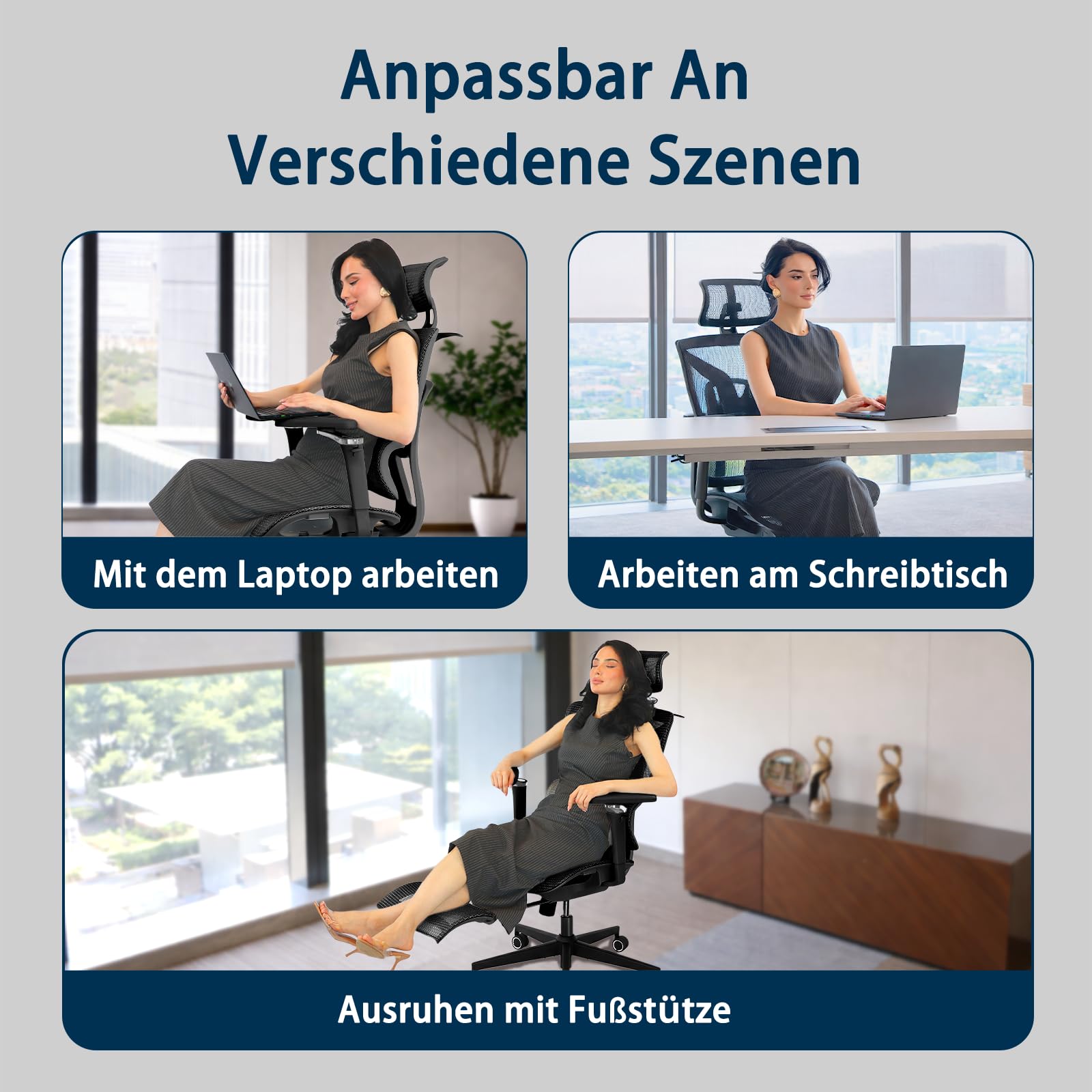 Rieior Ergonomischer Bürostuhl Große und Schwere mit Fußstütze, 5D Verstellbare Armlehnen, Lendenstütze, Netz-Rückenlehne, Verstellbare Sitztiefe, Drehbarer Gaming Stuhl Schwarz 6