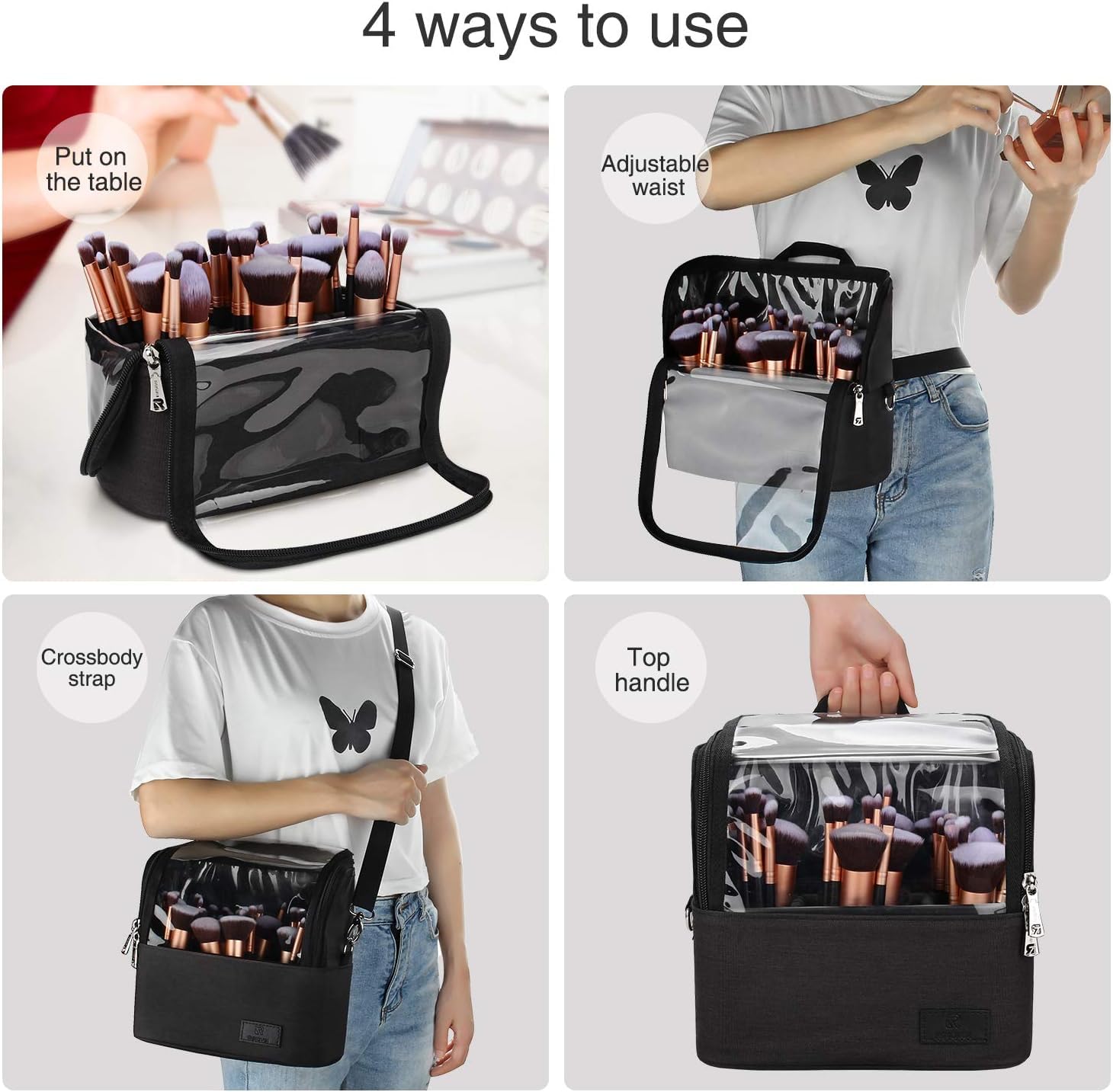 Makeup Brush Case Stand-up Makeup Cup Travel Professional Cosmetic Bag Artist Storage Bag Large Makeup Brush Bag with Adjustable Divider (Large, Black)