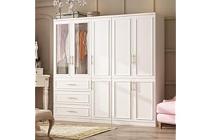 Hitow Wardrobe Armoire Closet with Glass Doors, 79.1" W Wardrobe Storage Cabinet with 3 Drawers & Hanging Rod, Large Wardrobe Armoire Dresser for Bedroom Organizer, White