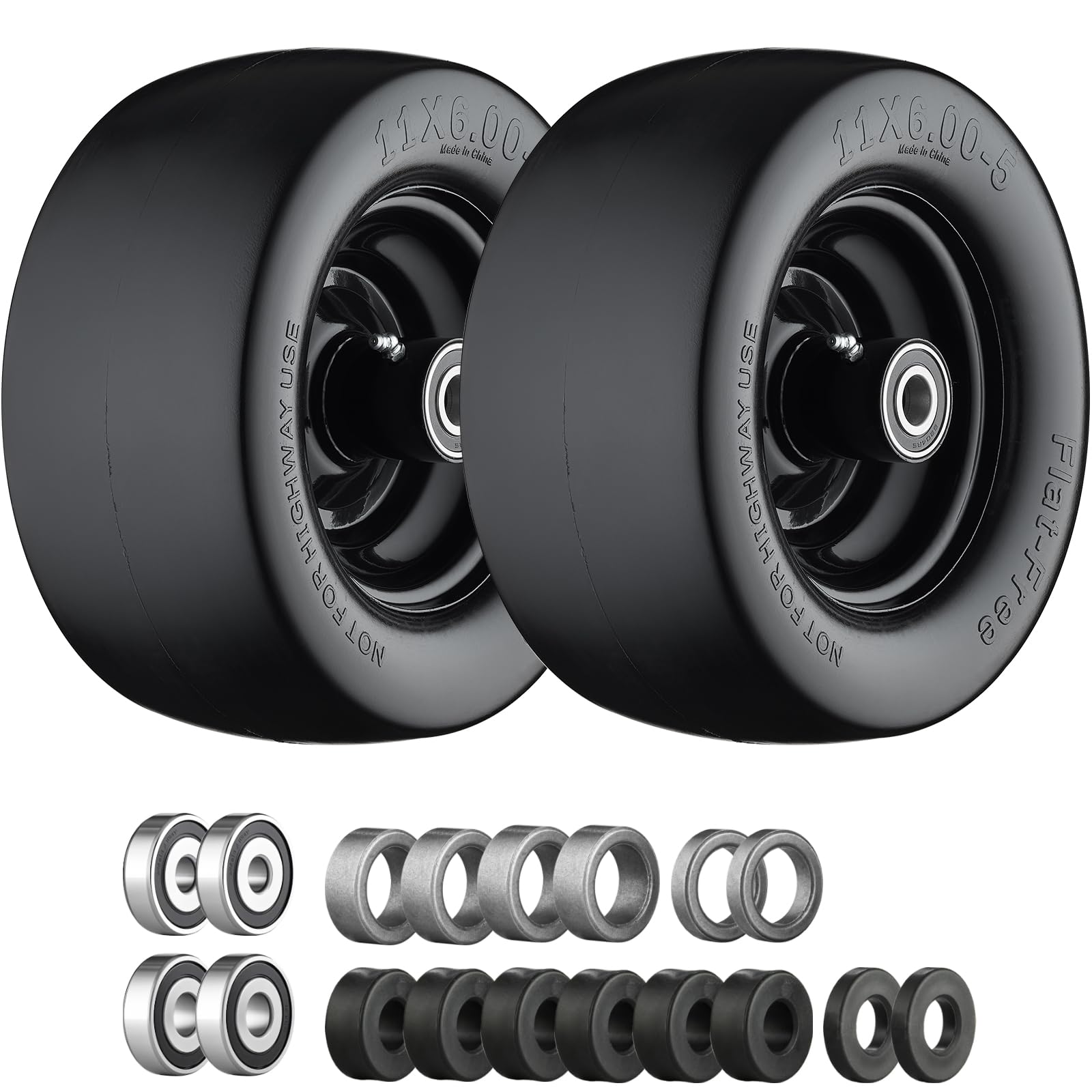 Photo 1 of 11x6.00-5 Flat Free Tire, Zero Turn Mower Front Tires with 3/4" or 5/8" and 1/2" Bearings, 5.2"- 8.3" Centered Hub, Load 400lbs, 11x6.00-5 Tires for Zero Turn Mower by Cubesprings - 2Pack