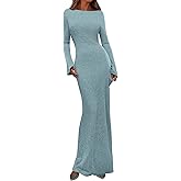 PRETTYGARDEN Women's Fall Fashion 2026 Long Sleeve Maxi Dress Ribbed Knit Boat Neck Bodycon Casual Dresses Going Out Outfits