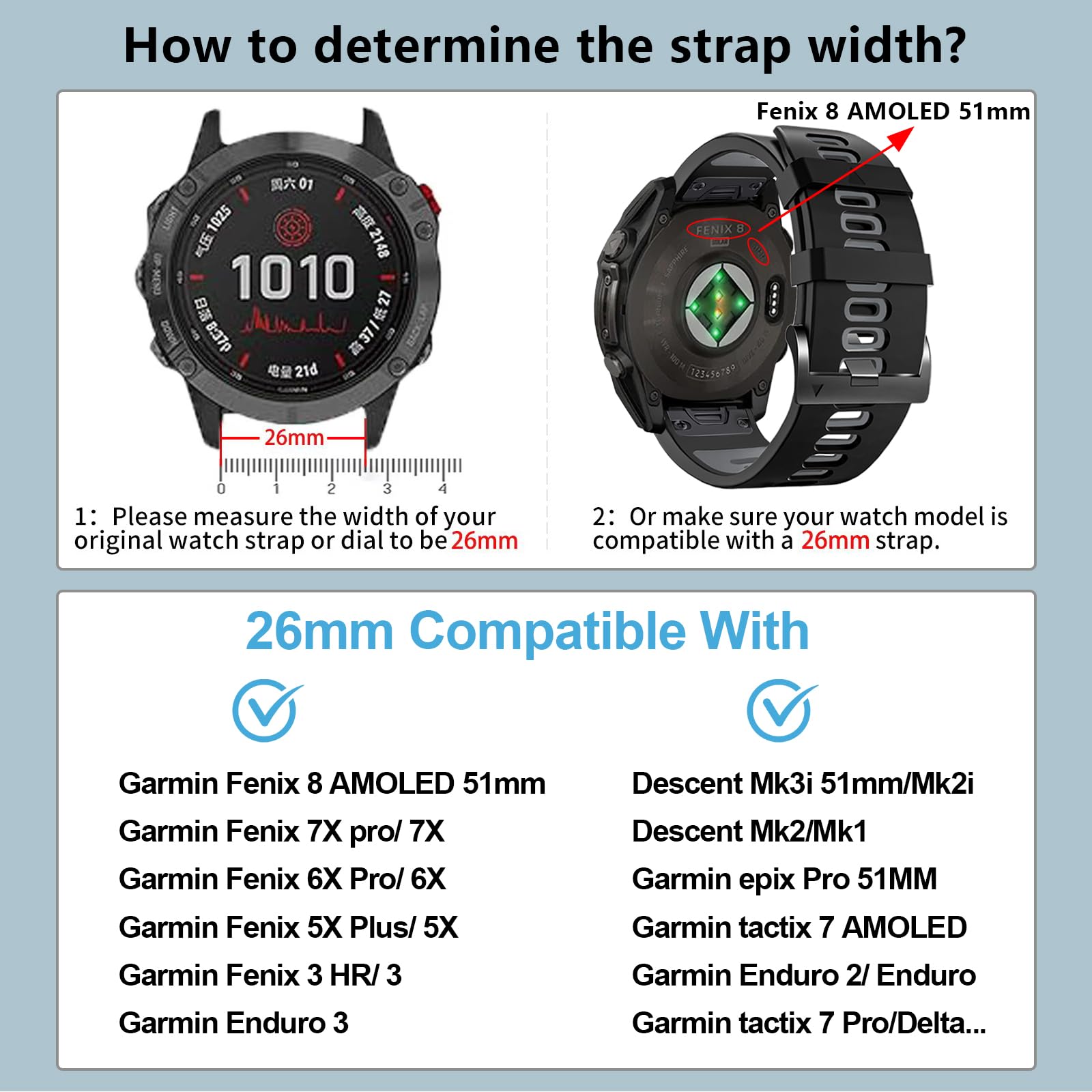 ZPJPPLX 26mm Easy Fit Watch bands For tactix 8 Fenix 8 51mm 7X Pro 6X 5X,Soft Silicone Sport Straps Compatible for Garmin Tactix7/Fenix 6X Pro/Fenix 5X Plus/Enduro3 2/Descent Mk2i/3i Epix Pro 51mm