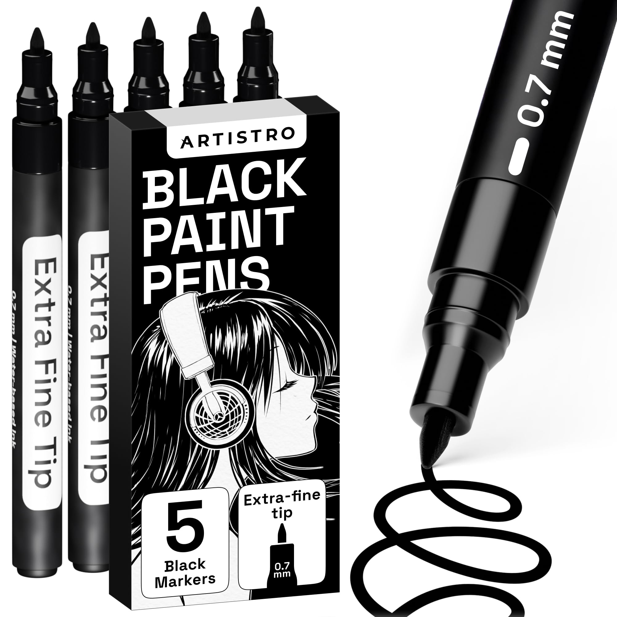 Photo 1 of ARTISTRO Black Paint Pens for Rock Painting, Stone, Ceramic, Glass, Wood, Tire, Fabric, Metal, Canvas. Set of 5 Water Based Black Markers for Acrylic Painting Extra Fine Point Tip