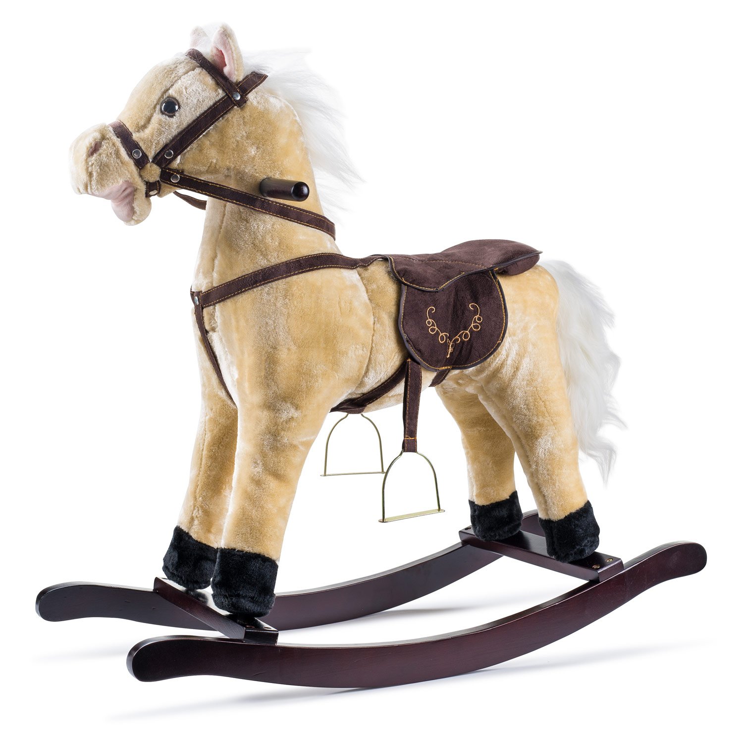 Beige Rocking Horse Toy Pony, Saddle, Stirrups, Mouth Moves Cowboy Plush Fur NEW