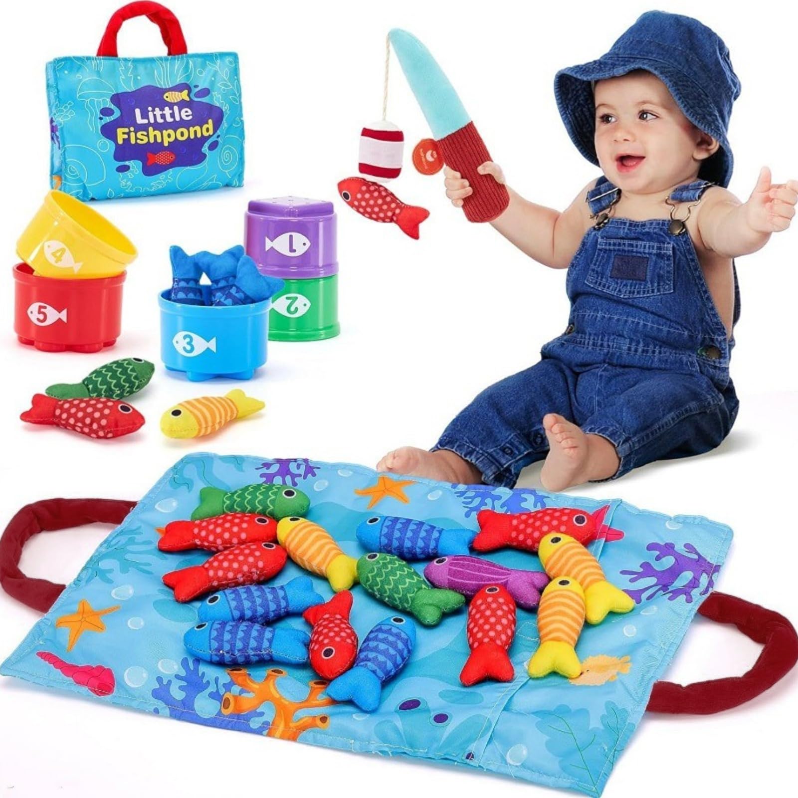 FeiatPogra Wooden Magnetic Fishing Game for Toddlers, Colourful Baby Games with Stacking Cups and Fish, 1 Set Gift for 1 Year Old Boy