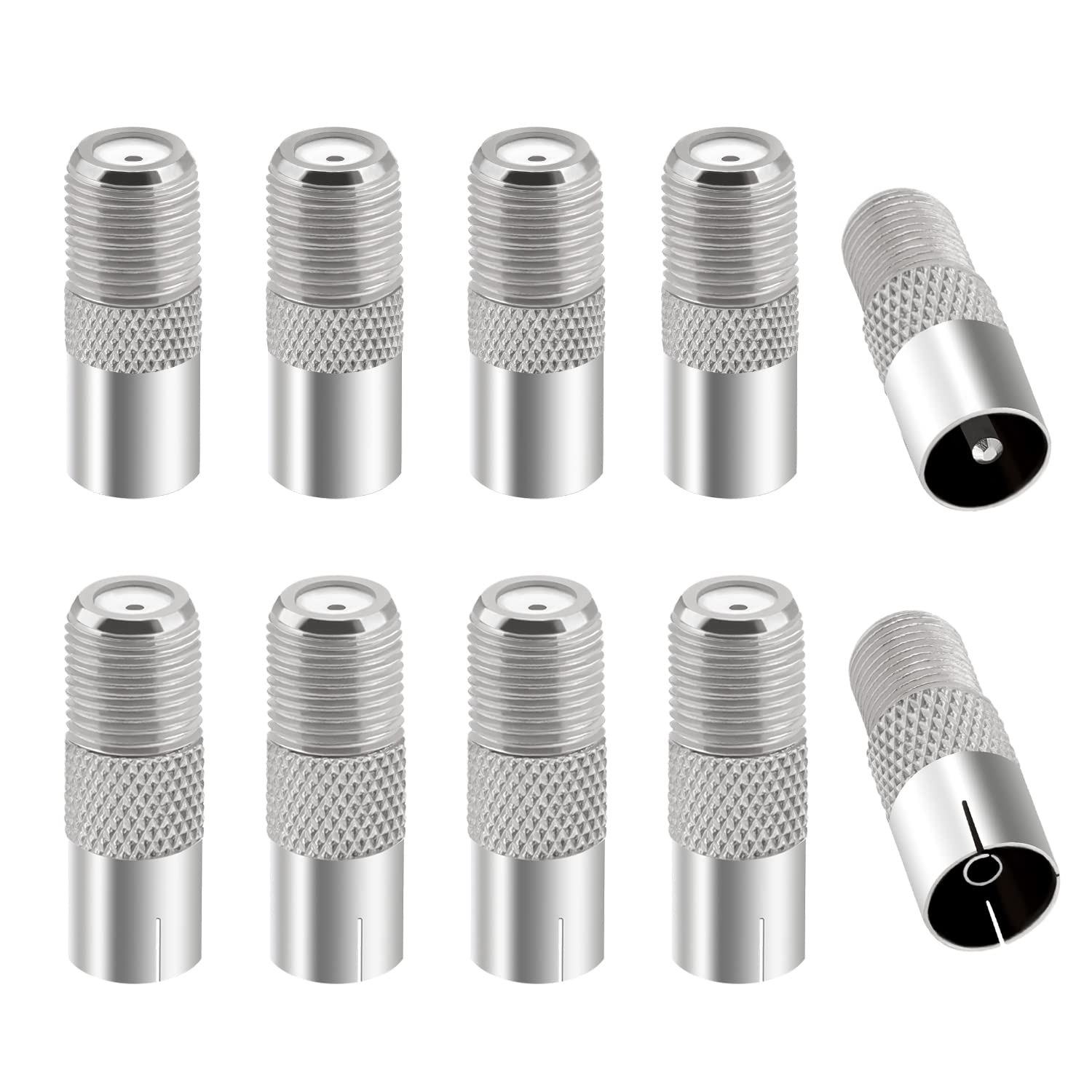 10 PCS F Female Plug to RF Male & Female Coaxial Aerial Adapter, KUOQIY TV 9.5 5 Male & 5 Female to F-Type Female Converter, F Type Screw Female Connector to RF Aerial Converter, Nickel-Plated