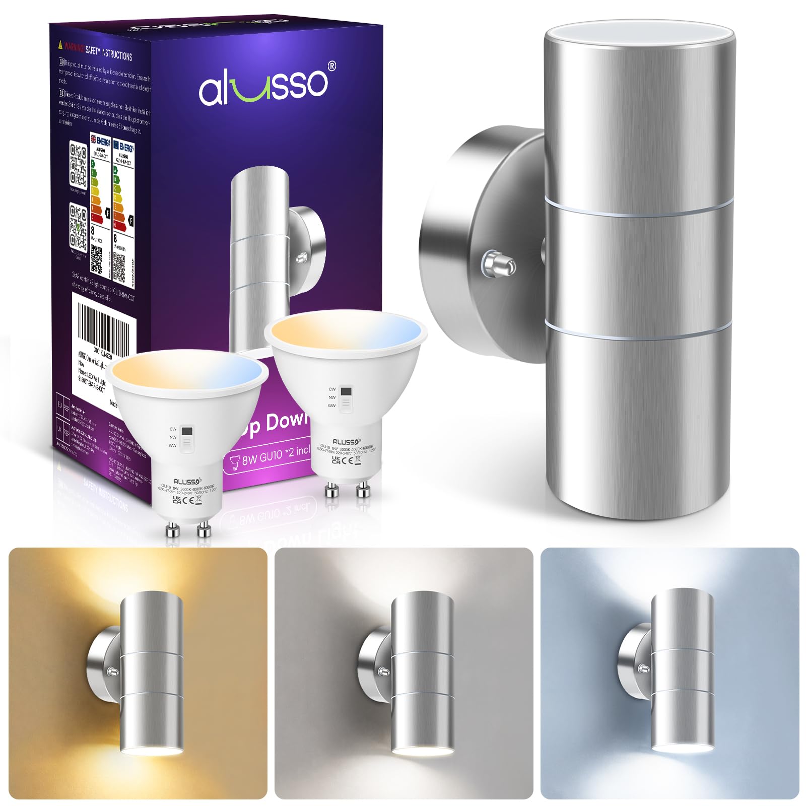 ALUSSO Outdoor Wall Light, Stainless Steel Up Down Security Light IP65 Waterproof, 2X 8W GU10 Bulb Included, Warm White/Neutral White/Cool White Selectable, Outside Sconce Wall Mounted for House
