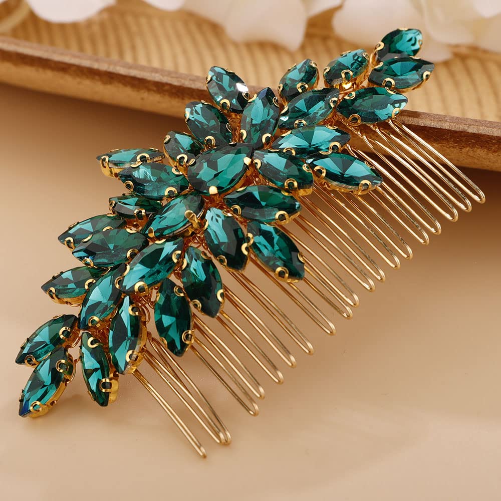 Chargances Crystal Bridal Hair Comb Malachite Green Wedding Rhinestonel Hair Side Comb Fashion Hair Clip Handmade Hair Accessories for Bride Wedding Prom Flower Girl Headpieces (Malachite green)
