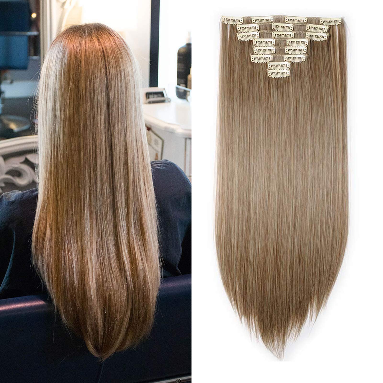 Clip in Hair Extension Brown 23inch Long Straight 8 Pcs Hairpiece Full Head Synthetic Hair [Ash&Brown]
