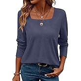 TICTICMIMI Women's Square Neck Long Sleeve Tops Casual T Shirts Loose Fit Lightweight Tunic Blouse Shirts