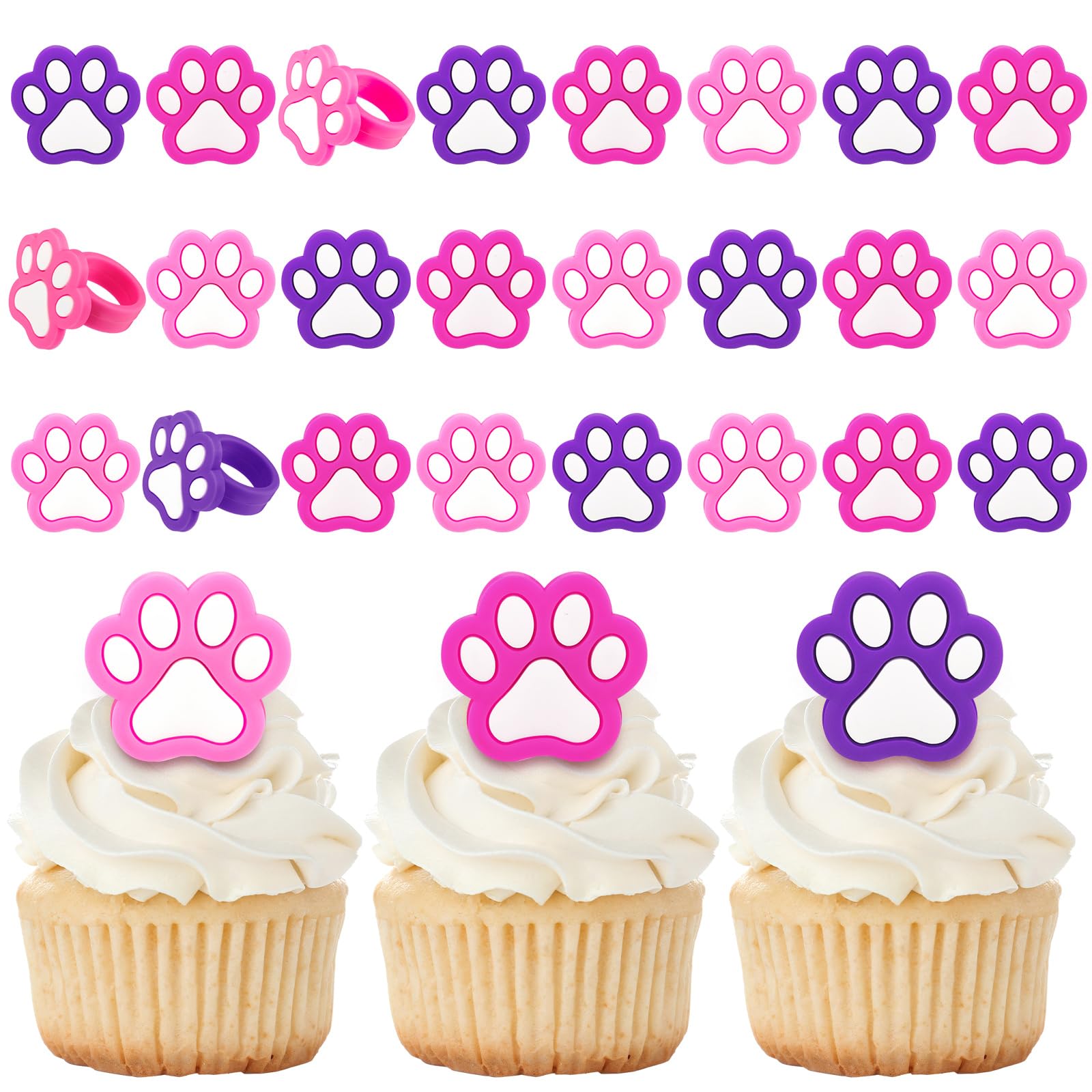 Photo 1 of Teenyyou 48 Pcs Paw Dog Cupcake Rings Toppers Decorations Orange Blue Red Yellow Paw Dog Theme Birthday Cupcake Rings Decorations for Puppy Baby Shower Party Supplies(Pink, Purple)