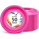 joy akkess 50 Count Hot Pink Plastic Plates Disposable - 9 Inch Hot Pink Heavy Duty Plastic Dinner Plates for Birthday Wedding Valentines Day Party
