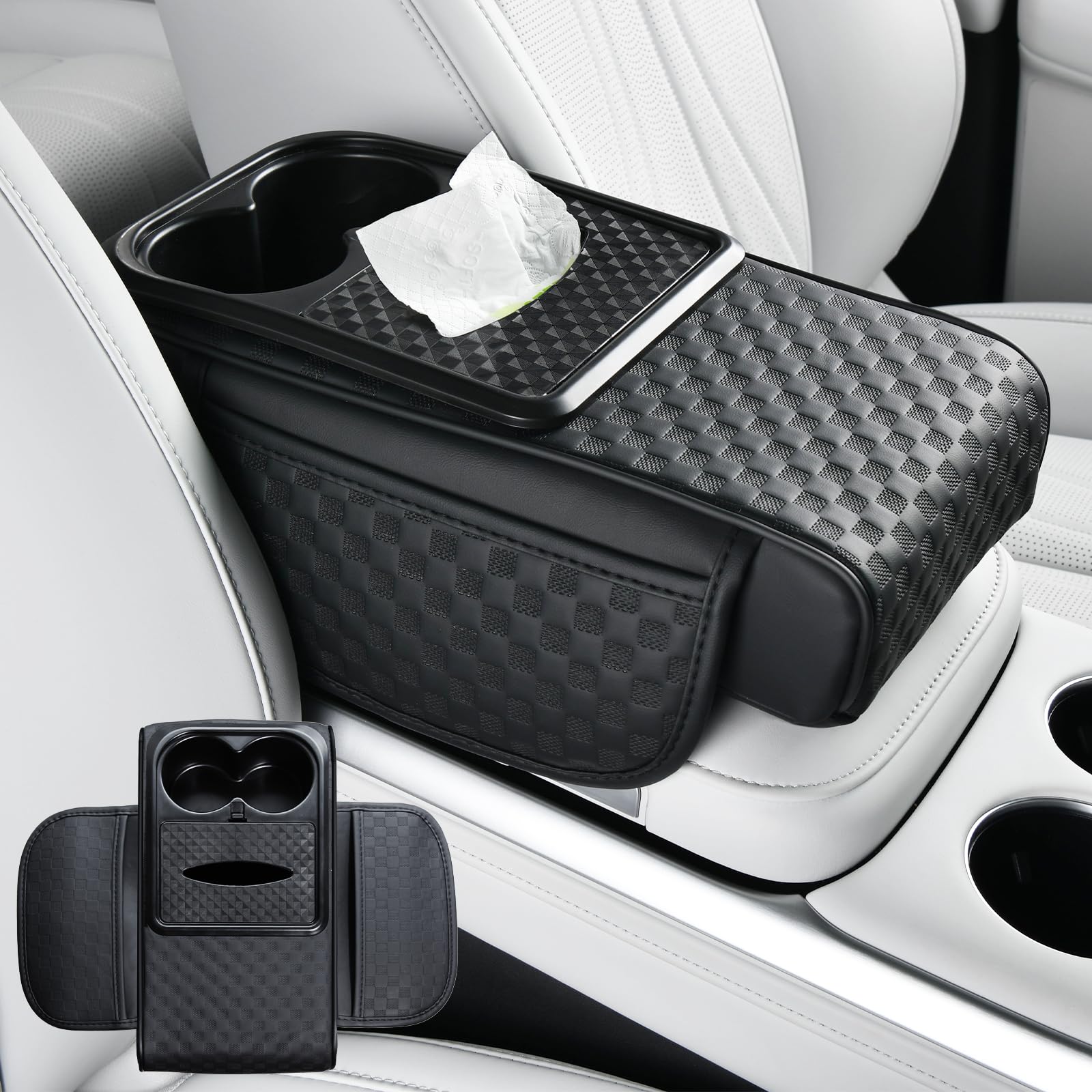 Photo 1 of **MINOR DAMAGE**
Car Center Console Cover, Arm rest Cover for Car Accessories Storing Water Cups, Tissues, Cards, and Phones, 4-in-1 Center Cup Holder with Soft Leather and High Resilience Memory Foam (Black)