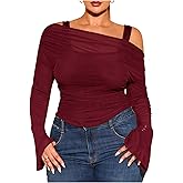 WDIRARA Women's Plus Size 2 in 1 Off Shoulder T Shirt Ruched Sheer Bell Long Sleeve Tee