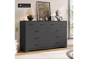 DICTAC Black Dresser for Bedroom with 10 Drawers, Large Chest of Drawers Storage Organizer, Long Dresser TV Stand with Power Outlets, Wide Dressers for Bedroom, Living Room 55.1" W x 32.3" H x 15.8" D