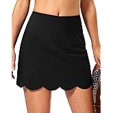 SANTINY Women's Swim Skirt with Pocket Scalloped Hem High Waist Tankini Swimsuit Tummy Control Bathing Suit Bottoms for Women