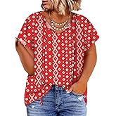 Eytino Women Plus Size Tops Boho Printed V Neck Short Sleeve Drawstring Casual Chiffon Shirts Blouse(1X-5X)