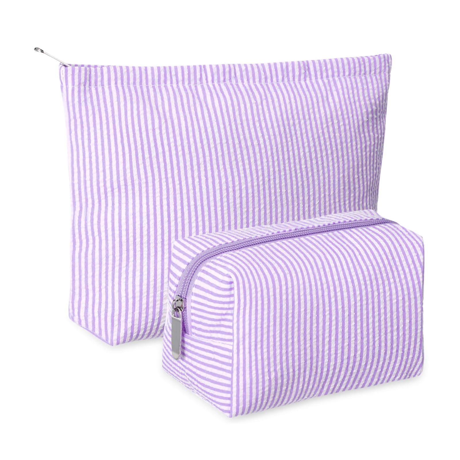 Photo 1 of Huhumy 2 Pieces Makeup Bag Set Cute Cosmetic Pouch for Women Seersucker Travel Toiletry Bag Preppy Small Makeup Purse Pouch Aesthetic Skincare Brushes Storage Organizer for Women(Purple)