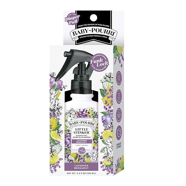 BABY-POURRI LITTLE STINKER DIAPER PAIL DEODORIZER SPRAY, 3.4 FL OZ, UP TO 150 USES, ODOR FRESHENER WITH ESSENTIAL OILS, NURSERY ESSENTIALS, LAVENDER, BERGAMOT, EUCALYPTUS & VANILLA SCENT