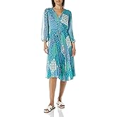 Maison Tara Women's 3/4 Sleeve Faux Wrap Pleated Chiffon Dress