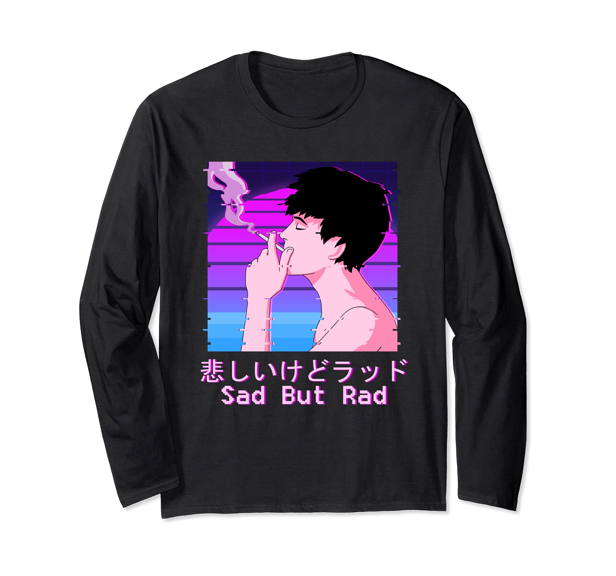 Sad Boy Japanese Glitch Aesthetic Vaporwave Sad Face Long Sleeve T-Shirt