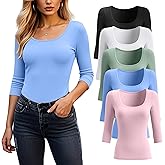 Riyiper 5 Pack Women's 3/4 Sleeve Shirts, Scoop Neck Tops Stretchy Slim Fit Basic T-Shirts Casual Athletic Tees