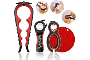 HUMANFUN Jar Opener for Weak Hands, Easy Twist Jar Opener For Seniors with Arthritis, 5 in 1 Multi Function Bottle Opener Lid Opener For Arthritic Hands with Non Slip Rubber Jar Gripper Pad (Red)