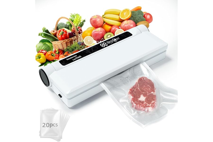 Compact Vacuum Sealer for Food, 75Kpa Food Sealer Machine | 75 Kpa Strong Suction, LED Display, Dual Use for Dry & Wet Foods, with 20 Bags, Ideal for Home Kitchen, White