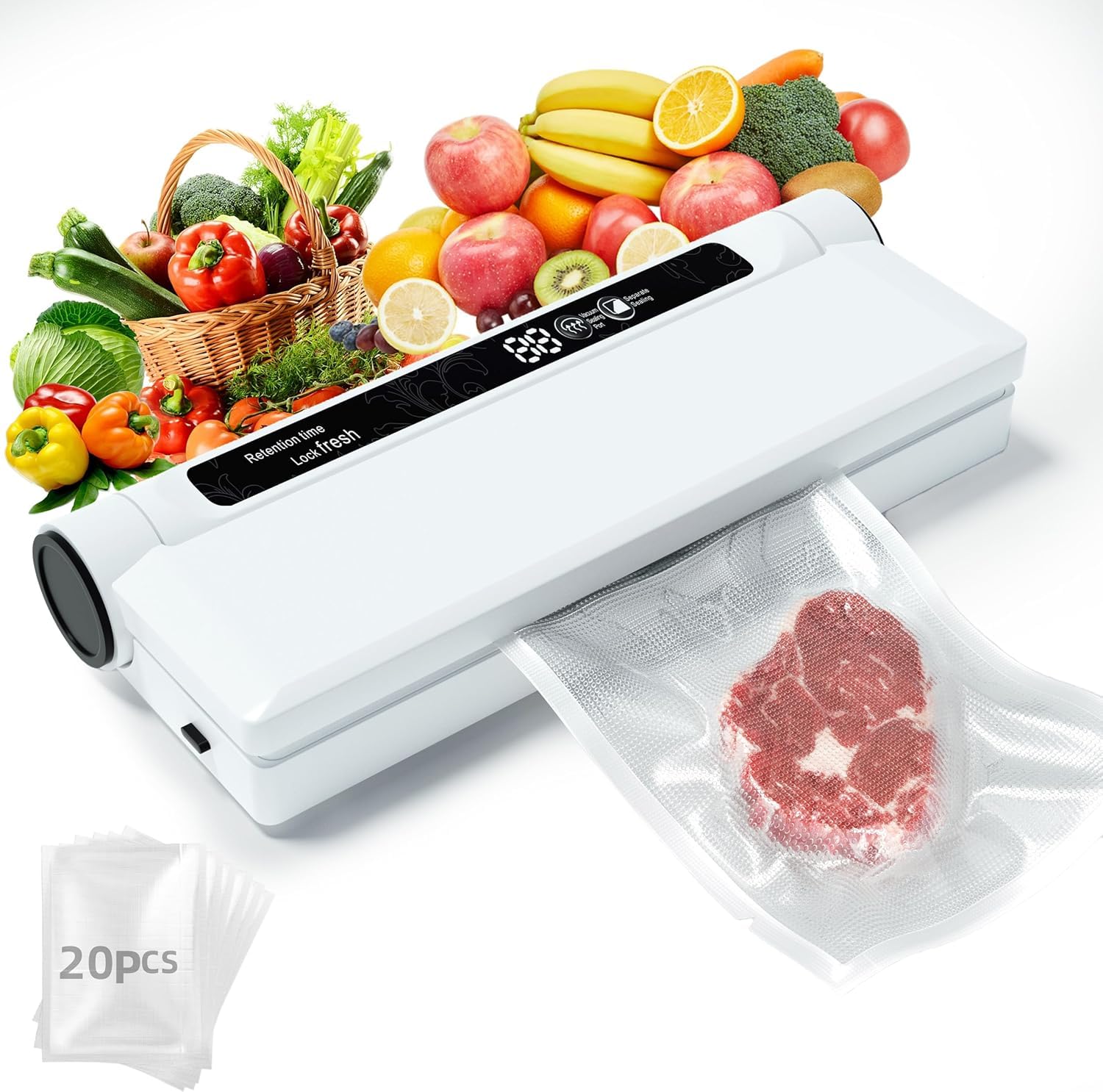 Photo 1 of Food Vacuum Sealer Machine, 75KPA Strong Suction, Dry/Wet Modes, 20 Vacuum Seal Bags for Food, Digital Countdown Timer, Compact Lightweight, Ideal for Home Kitchen Use