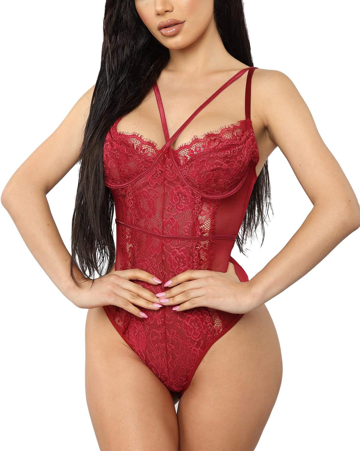 AranmeiLingerie for Women Eyelash Lace Strappy Sexy Teddy Babydoll Lingerie with Snap Crotch