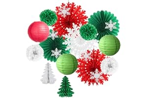 FETETIJD Christmas Party Decorations Indoor Red White and Green Christmas Decorations Hanging Paper Snowflakes Fans Paper Tree for Bridal Shower Baby Shower Birthday Party
