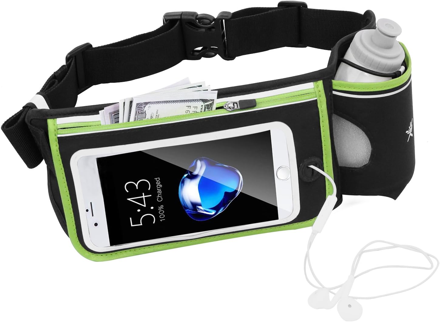 No Bounce Reflective Hydration Running Belt with BPA Water Bottles 280ml, Hydration Waist Pack, Sports Waist Bag Hiking Running Climbing, iPhone6, 6s Plus, Samsung GalaxyS6/5 Note 4/3/2 (Single Green)