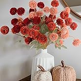 Hananona 12 Pcs Artificial Chrysanthemum Flowers, Orange Kiku Pom Pom Mums Flower Faux Fall Floral for Autumn Halloween Kitchen Table Centerpiece Home Decor (12, Burgundy, Burnt Orange, Deep Peach)