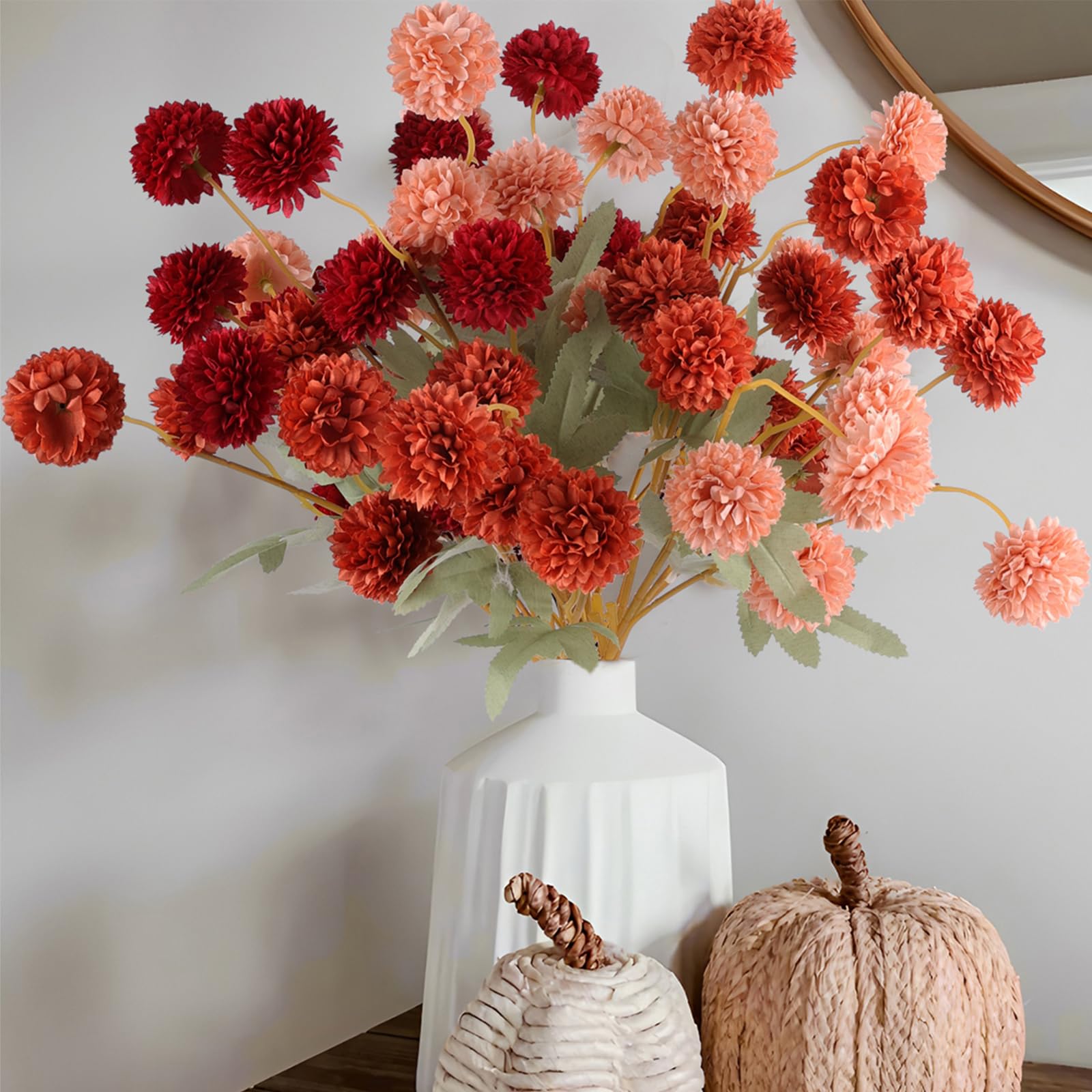 Photo 1 of Hananona 12 Pcs Artificial Chrysanthemum Flowers, Orange Kiku Pom Pom Mums Flower Faux Fall Floral for Autumn Halloween Kitchen Table Centerpiece Home Decor (12, Burgundy, Burnt Orange, Deep Peach)