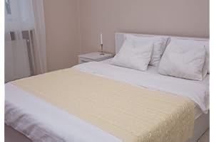 SAOL Knitwear Bed Scarf Runner Irish Chunky Cable Knit Throw Cover Made of Soft Wool Blend (Natural, Queen Bed)