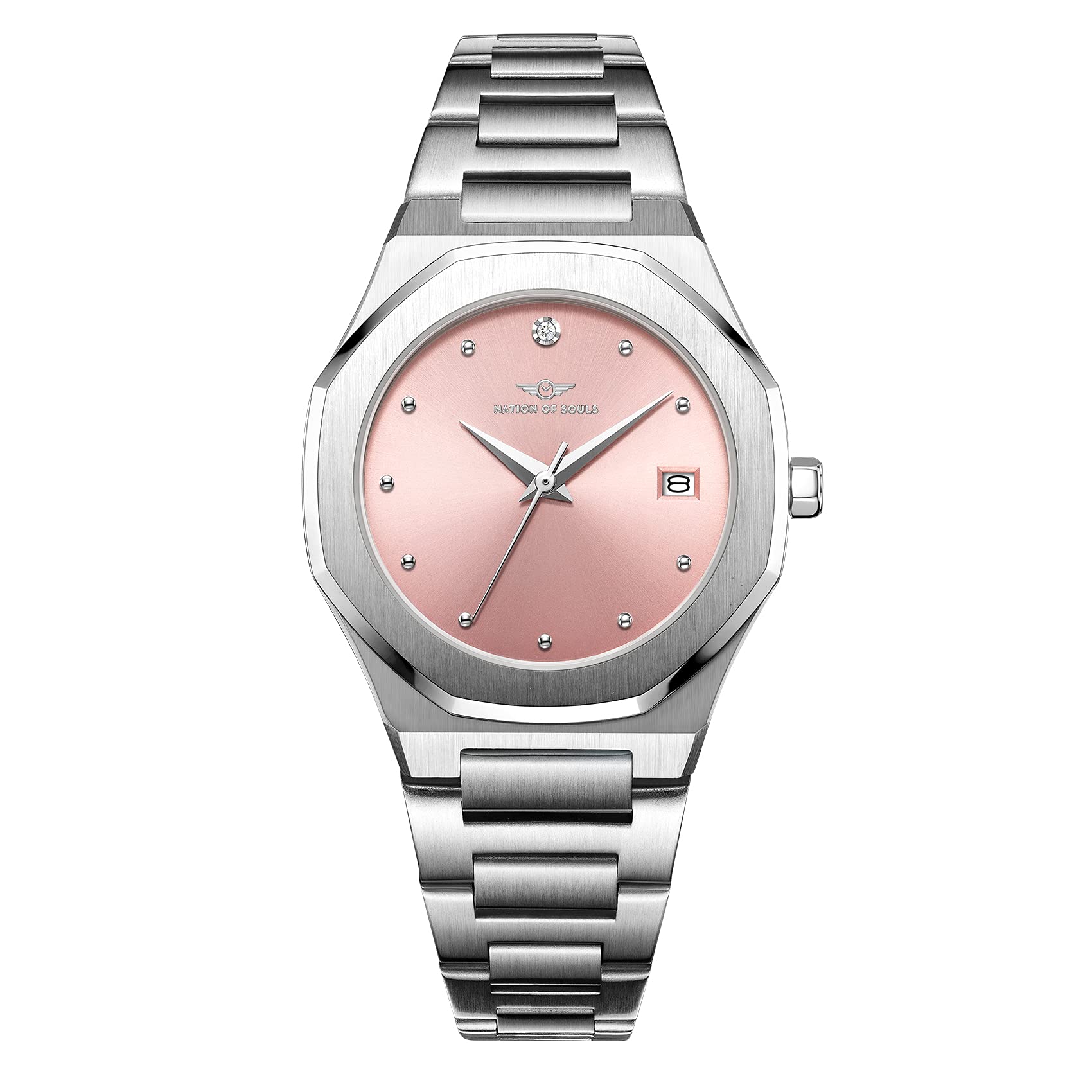 Nation of Souls Stellar Watch Collection Womens Silver and Pink 34mm Stainless Steel Case and Link Bracelet British Designed Ladies Watches
