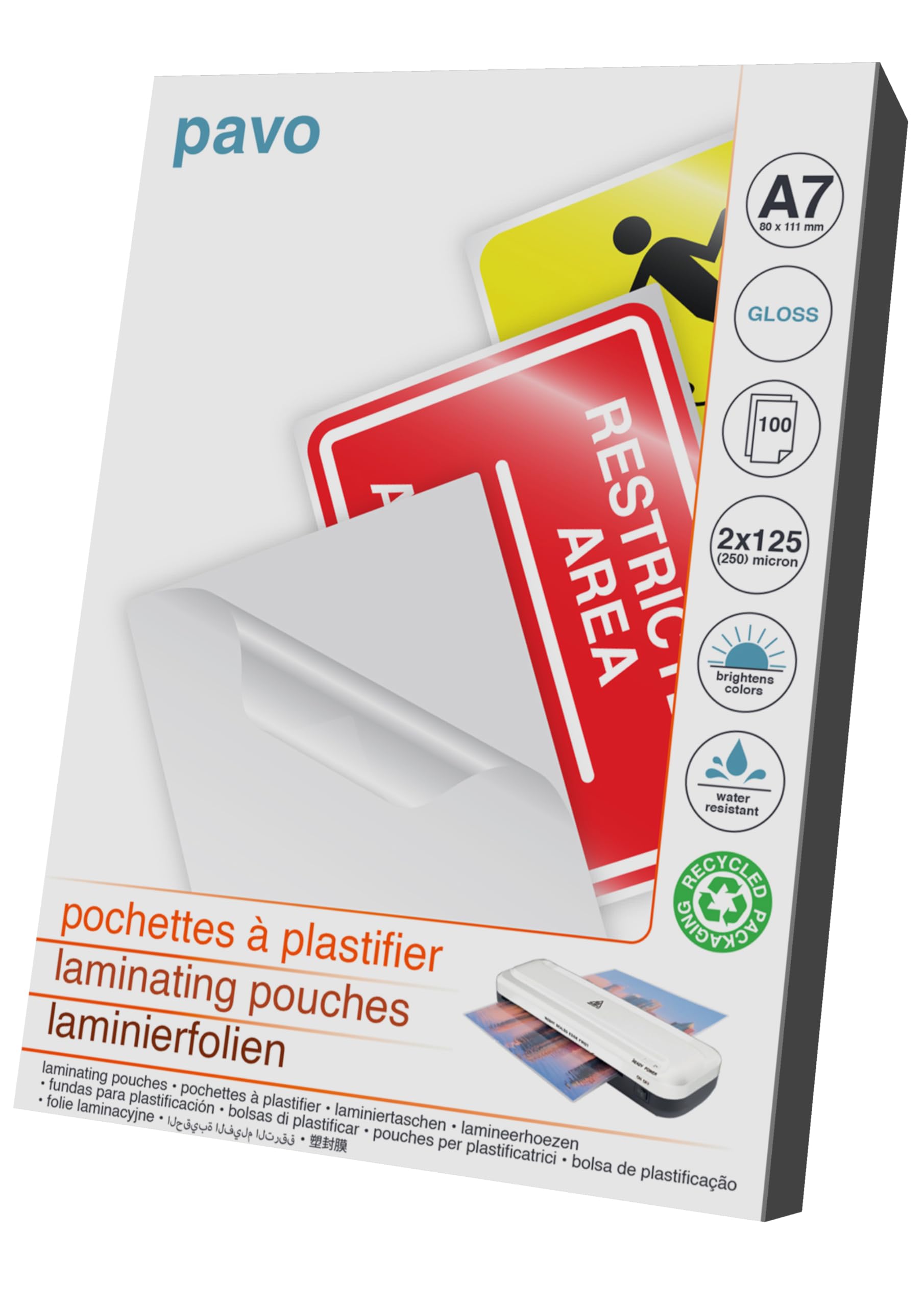 Pavo - Laminating Pouches A7 Size 80 x 111mm 2x125 mic, Pack of 100 - Gloss