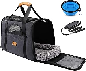 morpilot Pet Travel Carrier Bag, Portable Pet Bag - Folding Fabric Pet Carrier, Travel Carrier Bag for Dogs or Cats, Pet Cage with Locking Safety Zippers, Foldable Bowl, Airline Approved
