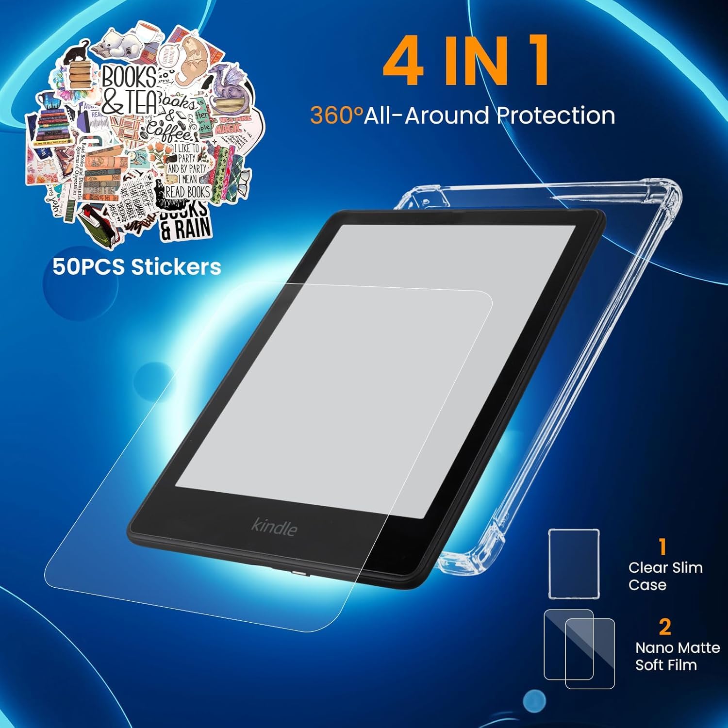 4 in 1 Clear Case with 2 Screen Protector and 50 Sticker for Kindle Paperwhite 12th Gen 2024 (7