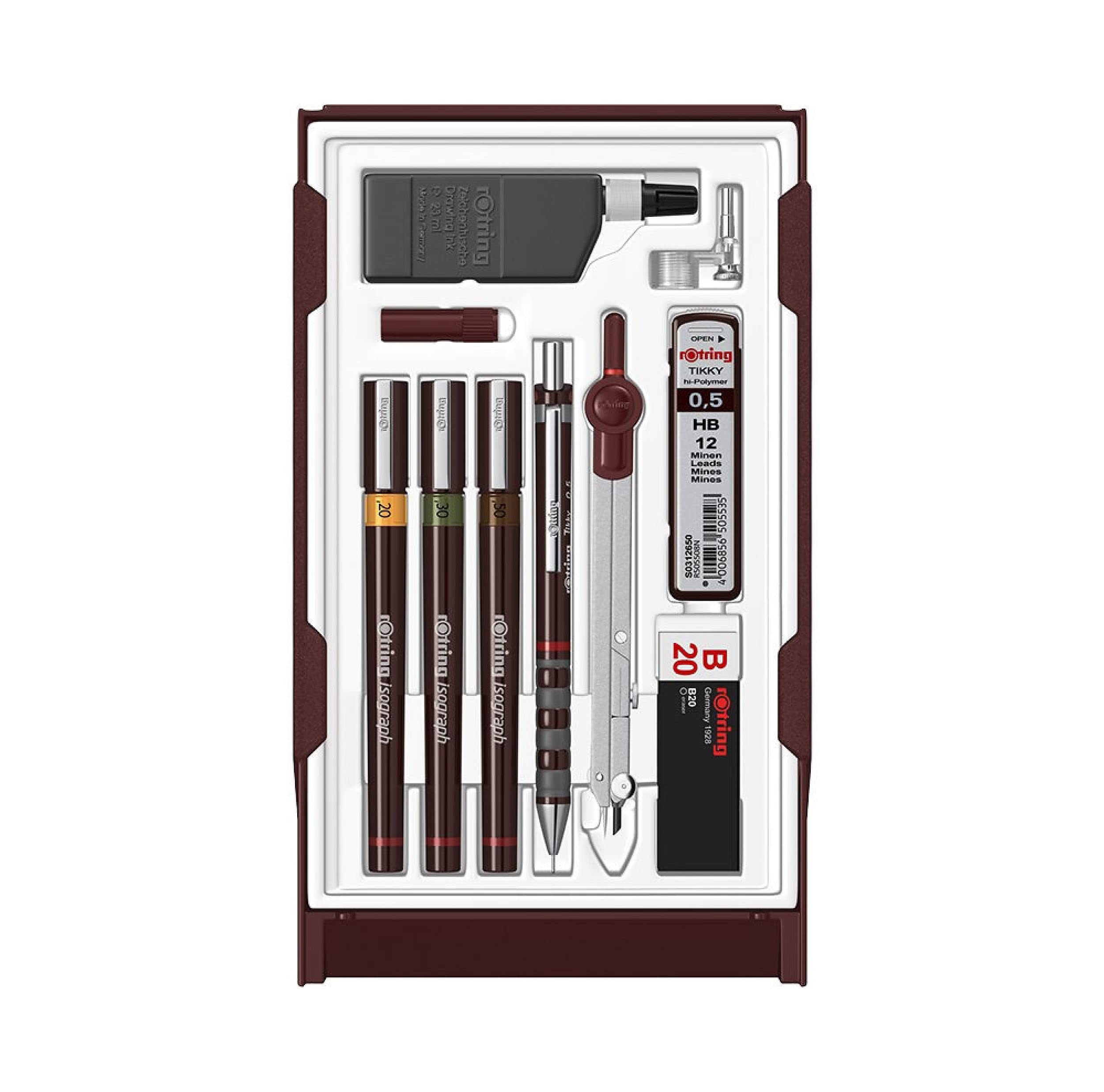 rOtring Isograph Technical Pen Master Set | 3 Fineliners (0.20mm, 0.30mm, 0.50mm), Mechanical Pencil (0.5mm), Compass & Accessories | 10-Piece Set in Case
