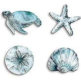 VGICH 4Pcs Wooden Beach Wall Art Coastal Hanging Decor with Turtle, Starfish, Crab, Shell for Nautical Living Room, Bathroom, Bedroom