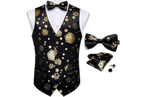 DiBanGu Christmas Suit Vest for Men Fun Snowflake Waistcoat Bow Tie Pocket Square Cufflinks Set Festival Party Gifts
