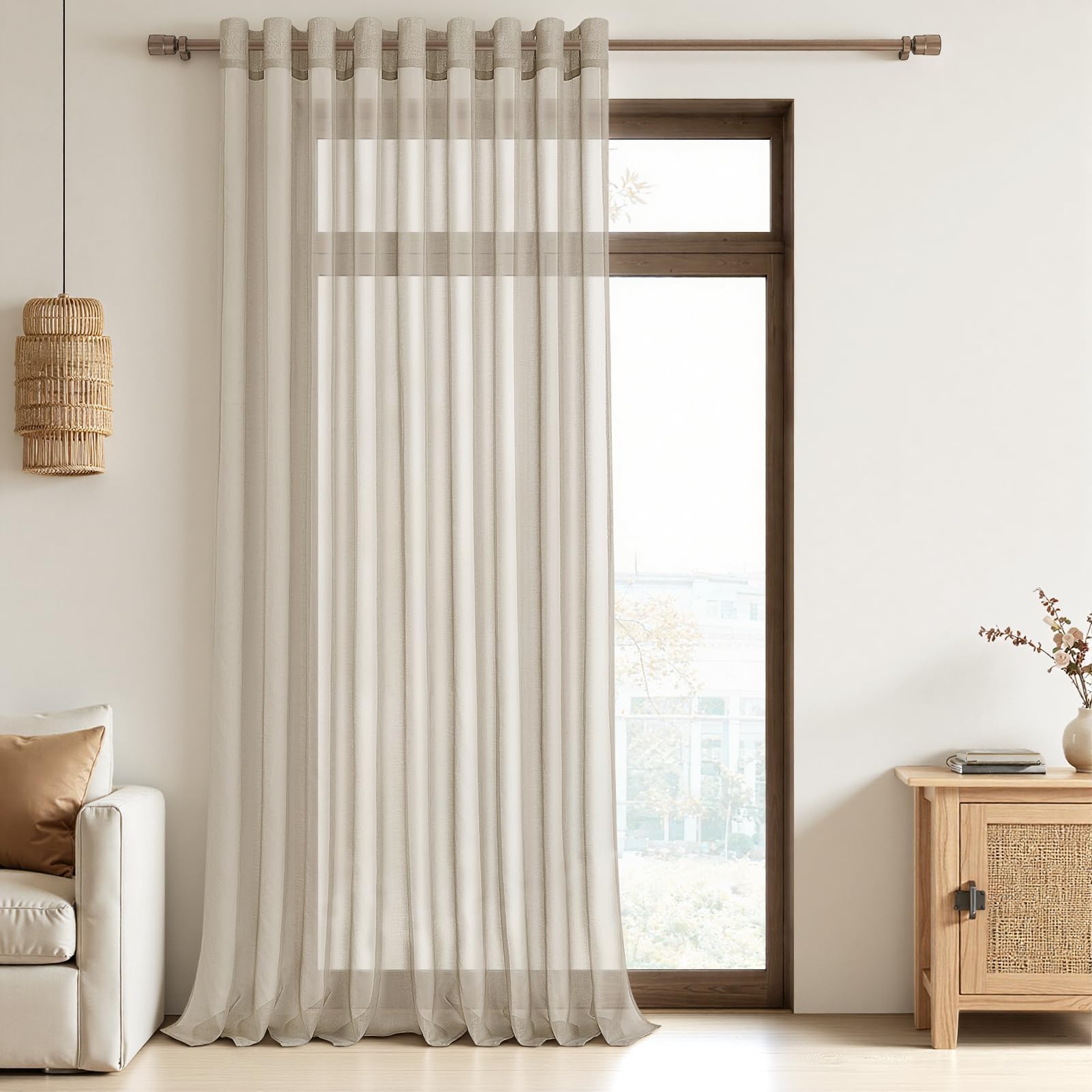 MRTREES Voile Curtain 90 Inch Drop 1 Panel Faux Linen Eyelet Sheer Curtain Panel for Bedroom Living Room Patio Door 90x90 Inch Drop 228cm x 228cm Biscuit